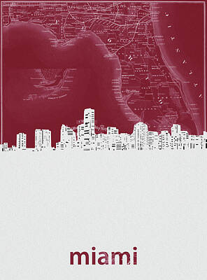 Skylines Digital Art - Miami Skyline Map Red by Bekim M