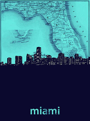 Skylines Digital Art - Miami Skyline Map Turquoise by Bekim M