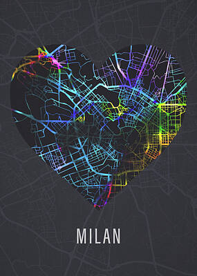City Scenes Mixed Media - Milan Italy City Heart Street Map Dark Mode Series by Design Turnpike