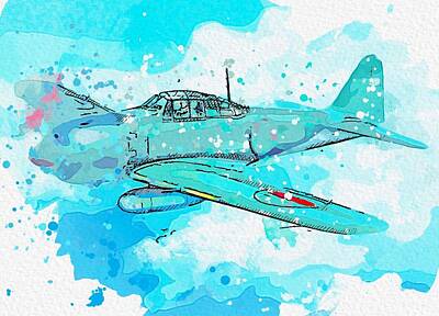 Transportation Paintings - Mitsubishi, World War II Japanese Aircraft watercolor by Ahmet Asar by Celestial Images