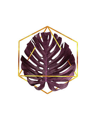 Floral Mixed Media - Monstera Leaf Pattern 2 - Tropical Leaf Pattern - Purple - Gold Geometric Shape - Modern, Minimal by Studio Grafiikka