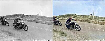 Transportation Royalty-Free and Rights-Managed Images - Motorcycle races in Zandvoort 1946, Nationaal Archief, Anefo, CC0 colorized-image-comparison coloriz by Celestial Images