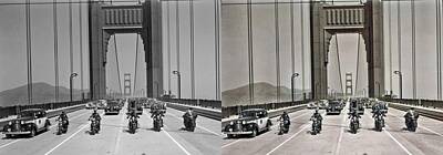 Transportation Royalty Free Images - Motorcycles crossing the Golden Gate Bridge on opening day colorized-image-comparison colorized by A Royalty-Free Image by Celestial Images