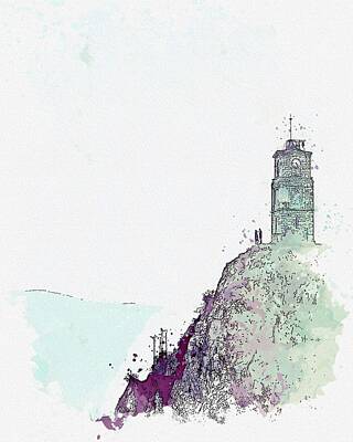 Mountain Paintings - Mountain Clock tower watercolor by Ahmet Asar by Celestial Images
