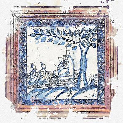 Adventure Photography - Mughal blue and white tile, North India, 17th century, by Adam Asar, No 18 watercolor by Ahmet Asar by Celestial Images