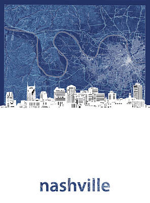 Skylines Digital Art - Nashville Skyline Map Blue by Bekim M