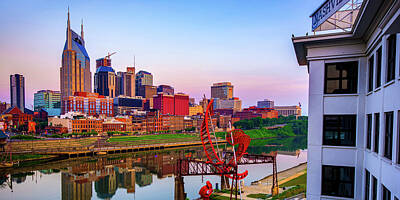 Skylines Photos - Nashville Skyline Panorama at Dawn by Gregory Ballos