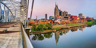 Skylines Royalty-Free and Rights-Managed Images - Nashville Skyline Panorama from the John Seigenthaler Pedestrian Bridge by Gregory Ballos