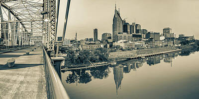 Skylines Royalty-Free and Rights-Managed Images - Nashville Skyline Panorama from the John Seigenthaler Pedestrian Bridge - Sepia by Gregory Ballos