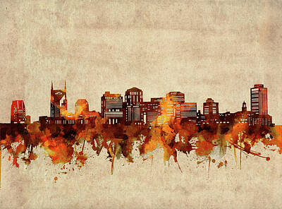 Skylines Royalty-Free and Rights-Managed Images - Nashville Skyline Sepia by Bekim M