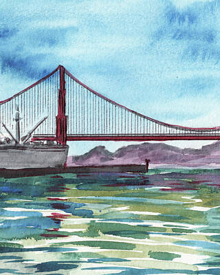 Cities Paintings - Naval Ship At Golden Gate Bridge Watercolor by Irina Sztukowski