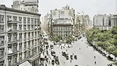 City Scenes Royalty-Free and Rights-Managed Images - New York City photo Broadway at 5th Ave 1910 Vintage photo  colorized by Ahmet Asar by Celestial Images