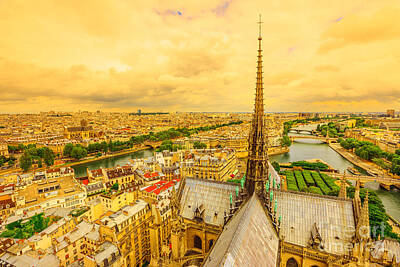 Paris Skyline Photos - Notre Dame spire sunset panorama by Benny Marty