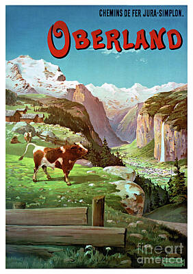 Mountain Drawings - Oberland Switzerland Vintage Poster Restored by Vintage Treasure