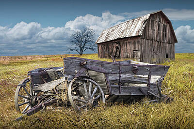 Randall Nyhof Royalty-Free and Rights-Managed Images - Old Broken Down Wooden Farm Wagon with Barn by Randall Nyhof