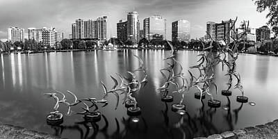 Animals Photos - Orlando Lake Eola Skyline Panorama - Take Flight Bird Sculpture - Monochrome by Gregory Ballos