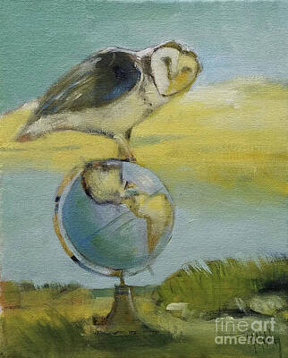 Windmills Rights Managed Images - Owl and the Globe study Royalty-Free Image by Mary Hubley
