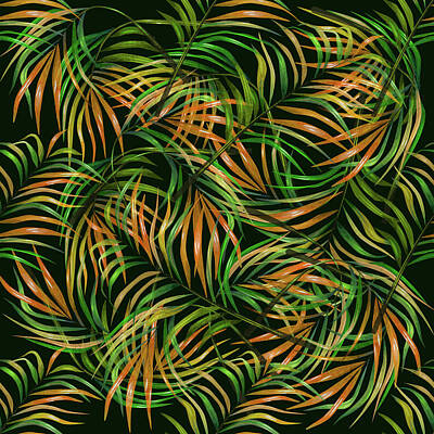 Abstract Mixed Media - Palm Leaf Pattern 3 - Tropical Leaf Pattern - Green, Orange - Tropical, Botanical Pattern Design by Studio Grafiikka