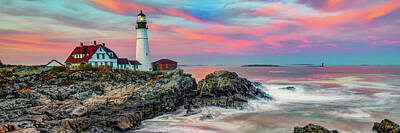 Royalty-Free and Rights-Managed Images - Panoramic View of Portland Head Light at Sunset by Gregory Ballos