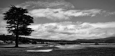 Recently Sold - Athletes Royalty Free Images - Pebble Beach - The 18th Hole Black and White Royalty-Free Image by Judy Vincent