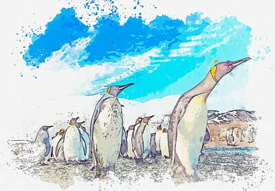 Revolutionary War Art - Penguins Marching, South Georgia and the South Sandwich Islands -  watercolor by Ahmet Asar by Celestial Images