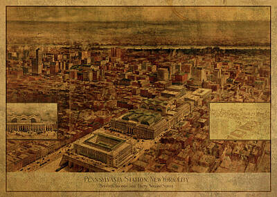 Cities Mixed Media Royalty Free Images - Penn Station New York Train Vintage City Street Map 1910 Royalty-Free Image by Design Turnpike