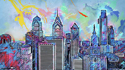 Skylines Paintings - Philadelphia, Pennsylvania - 06 by AM FineArtPrints