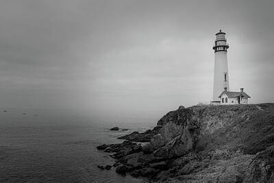 Rose Rights Managed Images - Pigeon Point Lighthouse in the Mist - Monochrome by TL Wilson Photography Royalty-Free Image by Teresa Wilson