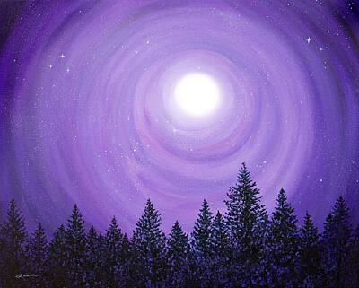 Laura Iverson Royalty-Free and Rights-Managed Images - Pine Trees in Purple Moonlight by Laura Iverson