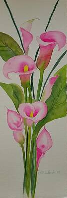 Lilies Paintings - Pink Calla Lillies by Ann Frederick
