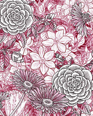 Vintage Oldsmobile - Pink Watercolor Botanical Flowers Garden Flowerbed I by Irina Sztukowski