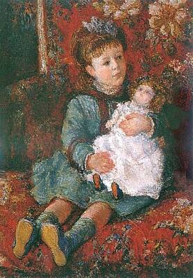 Recently Sold - Portraits Paintings - Portrait of Germaine Hoschede with a Doll, 1876-77 by Claude Monet
