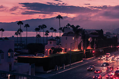Aretha Franklin - Purple sunset in Santa Monica with palms and traffic on freeway by Natalia Macheda