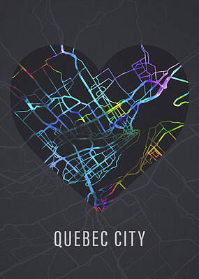 Cities Mixed Media Royalty Free Images - Quebec City Canada City Heart Street Map Love Dark Mode Royalty-Free Image by Design Turnpike