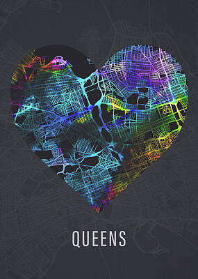 City Scenes Mixed Media - Queens New York City Heart Street Map Love Dark Mode by Design Turnpike