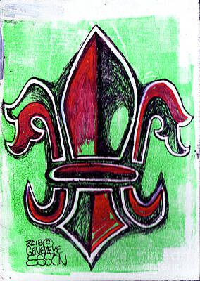 Floral Drawings - Red And Green Fleur De Lys Drawing by Genevieve Esson