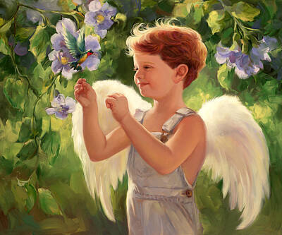 Fantasy Paintings - Hummingbird Angel Boy by Laurie Snow Hein