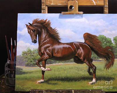 Animals Paintings - Red Stallion On Easel by Jeanne Newton Schoborg
