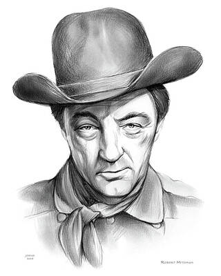 Celebrities Drawings - Robert Mitchum Cowboy by Greg Joens