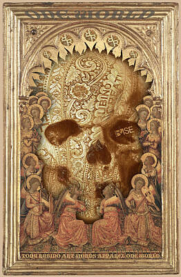 Florals Paintings - Rubino One World No Fear Gold Skull by Tony Rubino