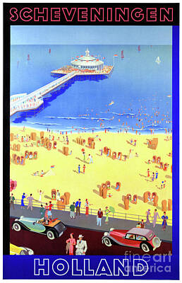 Beach Drawings - Scheveningen Holland Vintage Poster by Vintage Treasure