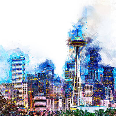Skylines Paintings - Seattle Skyline - 01 by AM FineArtPrints