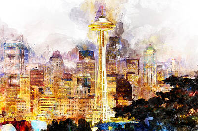 Skylines Paintings - Seattle Skyline - 02 by AM FineArtPrints