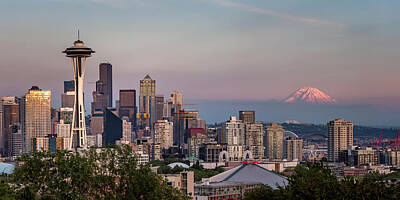 Skylines Royalty-Free and Rights-Managed Images - Seattle Skyline and Mt. Rainier Panoramic by Adam Romanowicz