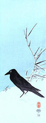 Birds Mixed Media - Secchu ashi ni karasu, Blackbird near Reeds in Snow, Restored Ukiyo-e Color Woodblock by Orchard Arts