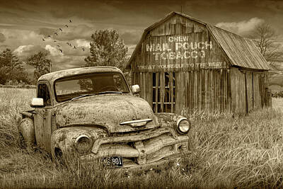 Vintage Pharmacy - Sepia Tone of Rusted Chevy Pickup Truck in a Rural Landscape by a Mail Pouch Tobacco Barn by Randall Nyhof