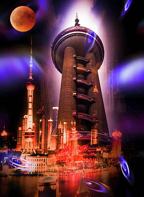 Legendary And Mythic Creatures Rights Managed Images - Shanghai Oriental Pearl Tower  Fascination Blood moon Royalty-Free Image by Walter Zettl