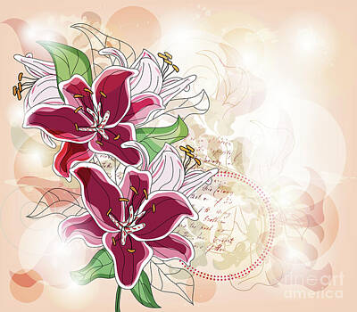 Lilies Digital Art - Shining invitation card with lilies by EllerslieArt