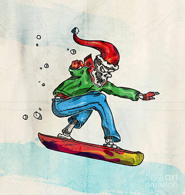 Athletes Drawings - Skeleton Snow Boarder Isolated  Wihite  Background by Domenico Condello