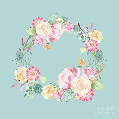Florals Digital Art - Spring Bouquet Wreath Duck Egg Blue Floral Print  by Sharon Mau